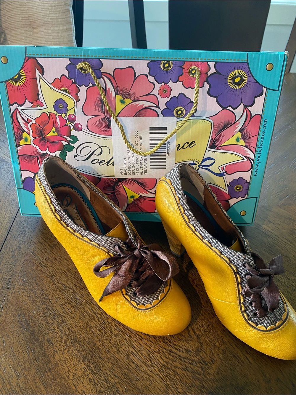Poetic License Yellow Leather Lace-Up Heels with Brown Ribbon Trim